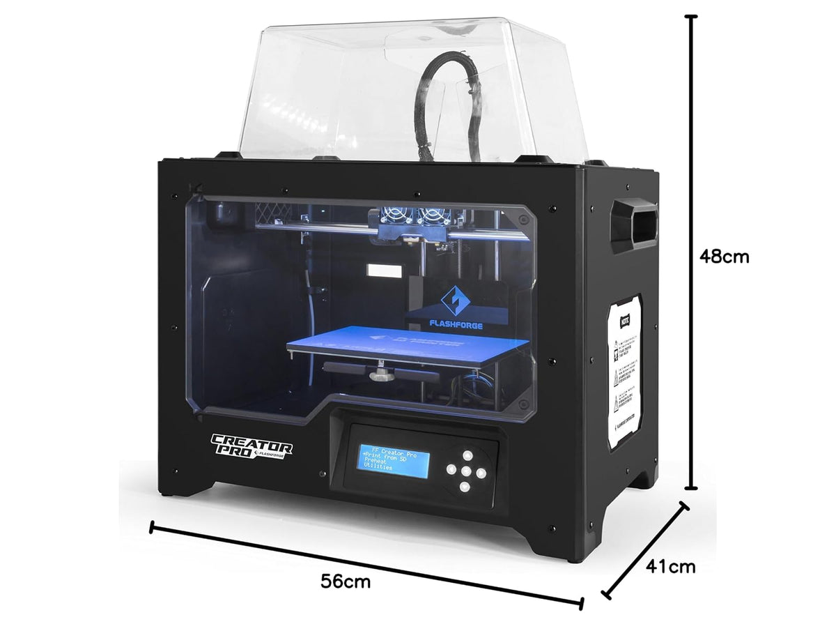 FlashForge - Impresora 3D Creator Pro, estructura de estructura metálica, cubiertas acrílicas, plataforma de construcción optimizada, extrusora doble con 2 bobinas, funciona con ABS y PLA