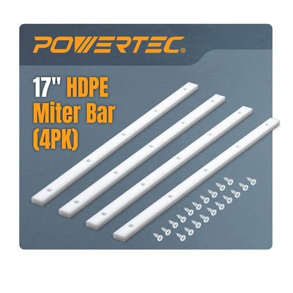 POWERTEC 71793 Barra de inglete HDPE de 3/4" x 3/8" x 17" para trineo de corte transversal, trineo de sierra de mesa, plantillas, accesorios y ranuras de inglete de 3/4" x 3/8", con tornillos de mont