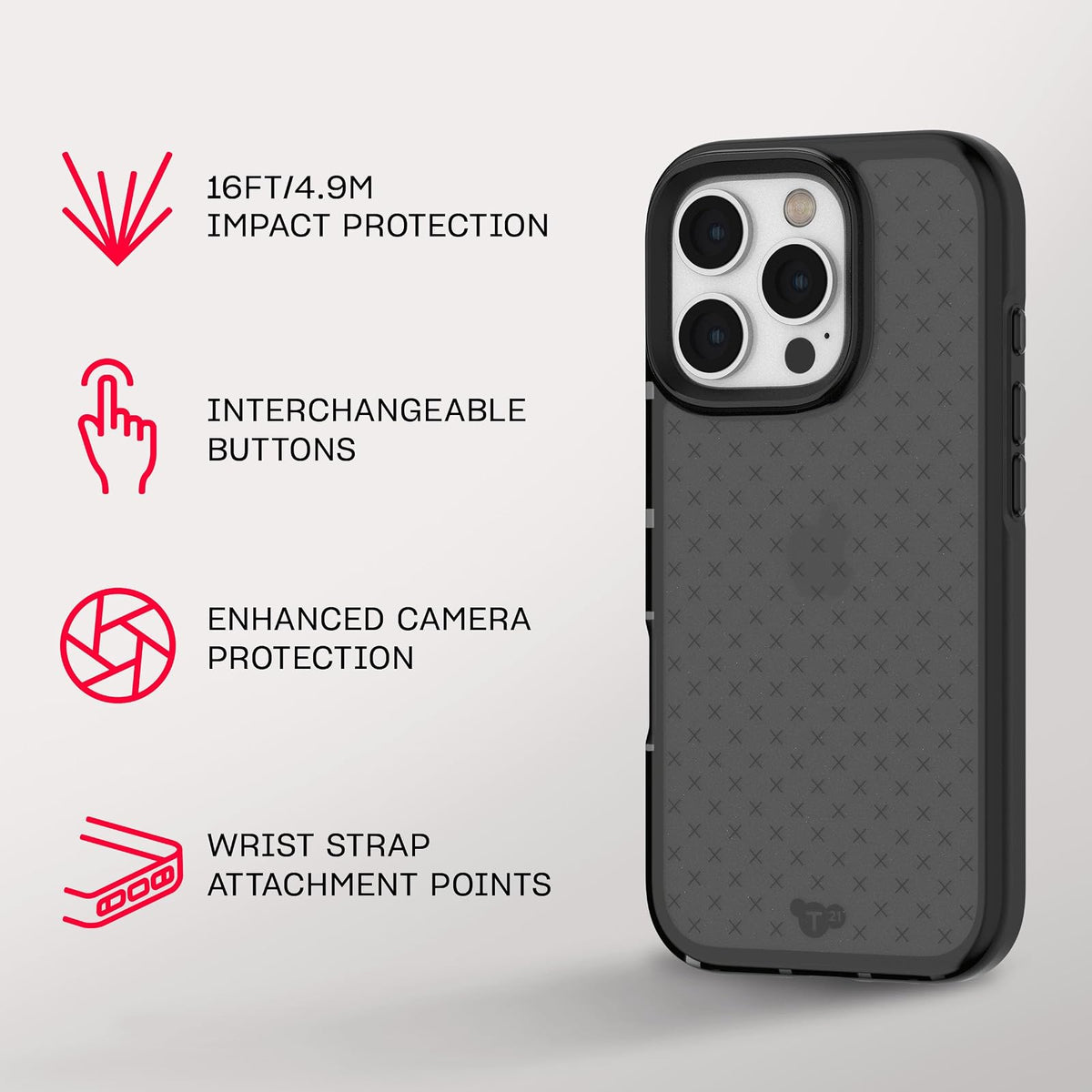 tech21 EvoCheck - Funda de protección contra Impactos para iPhone 16 Pro, Color Ahumado