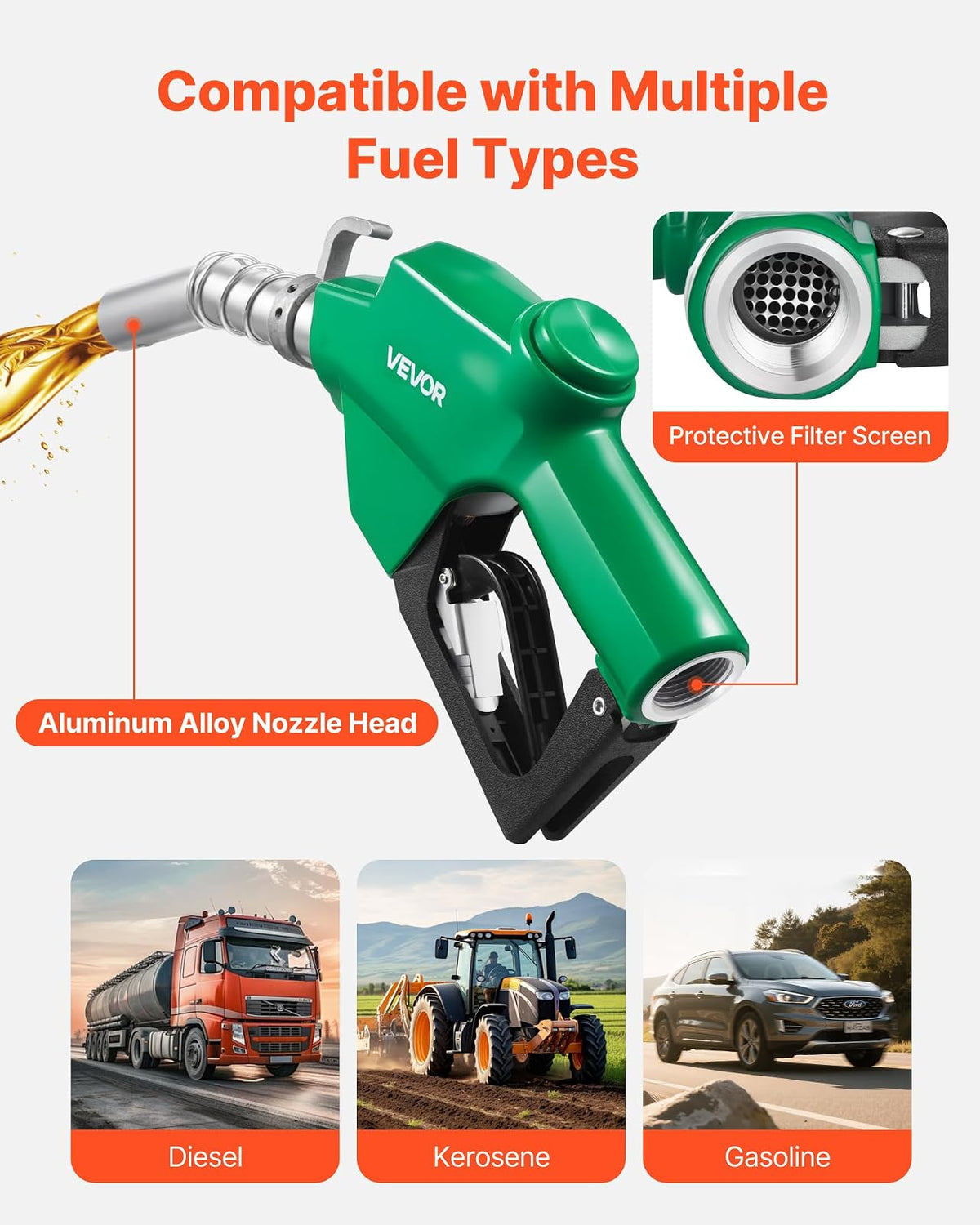 VEVOR Boquilla de combustible automática NPT de 1 pulgada, caudal máximo de 21,6 GPM, apagado automático, con bloqueo de gatillo de 3 velocidades y boquilla de 1-3/16 in (diámetro exterior = 30,1 mm)