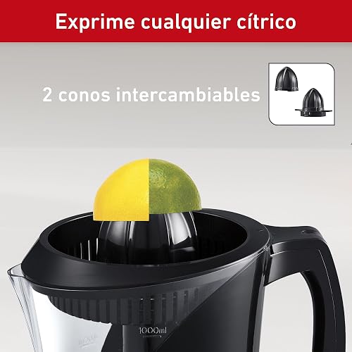 T-FAL Exprimidor de Jugo Power Press | 2 conos removibles y una jarra de 1L, 40 W de potencia, una gran opción para hacer jugos, Negro. ZP200855