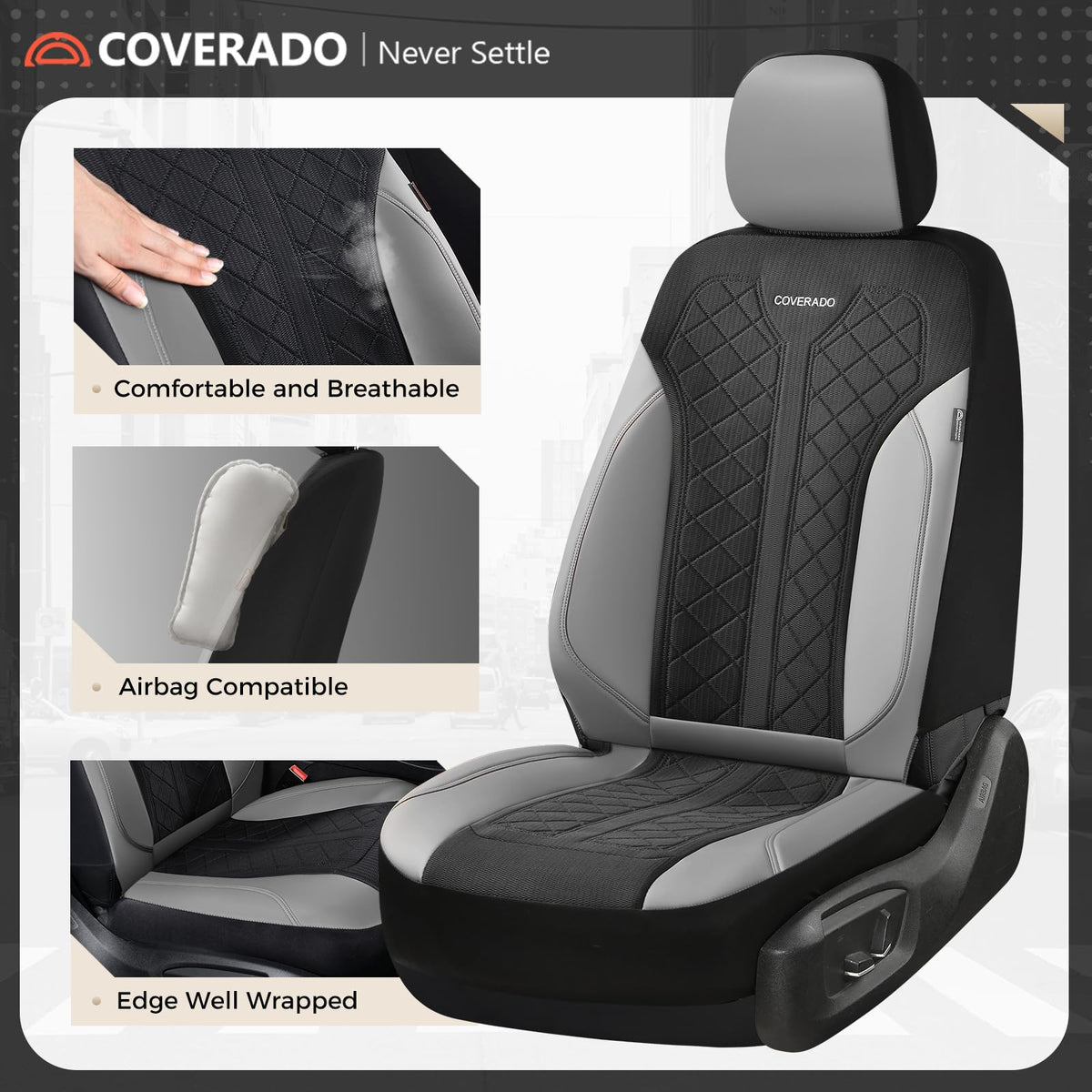 Coverado - Juego Completo de Fundas de Asiento para automóvil, Fundas de Asiento de automóvil, Fundas de Asiento de Piel, diseño de Malla, Protectores de Asiento de Conductor Negro, Ajuste Universal