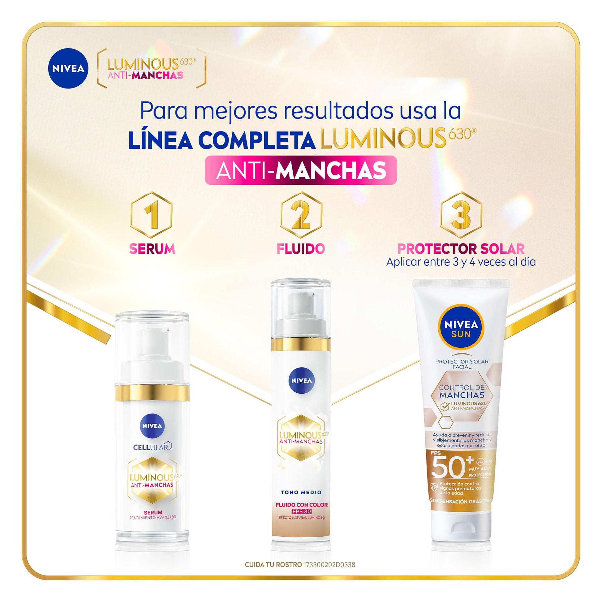 NIVEA Luminous 630 Fluido con Color 3 en 1 Tono Medio (40 ml) - Enriquecido con Ácido Hialurónico y Vitamina E para una Piel Luminosa sin Manchas por Edad, Solares u Hormonales