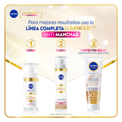 NIVEA Luminous 630 Fluido con Color 3 en 1 Tono Medio (40 ml) - Enriquecido con Ácido Hialurónico y Vitamina E para una Piel Luminosa sin Manchas por Edad, Solares u Hormonales