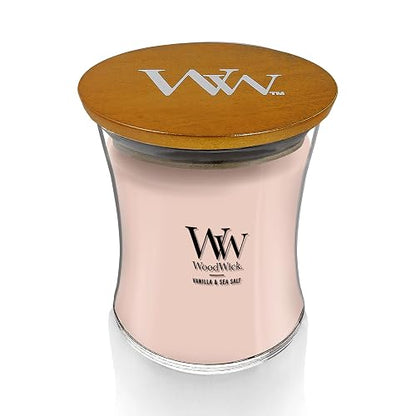 Woodwick - Vela perfumada de reloj de arena mediano con Pluswick Innovation, vainilla y sal marina