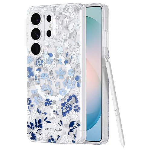 Kate Spade New York Funda para Samsung Galaxy S26 Ultra – [Carga magnética e inalámbrica] – Funda de diseñador – Flores con Piedras Preciosas Azules