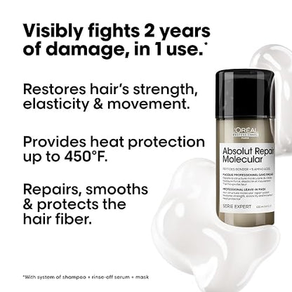 L'Oréal Professionnel Absolut Repair Molecular Leave In | Para cabello muy dañado a nivel molecular. Mascarilla leave-in que protege sin enjuague, con protección térmica.
