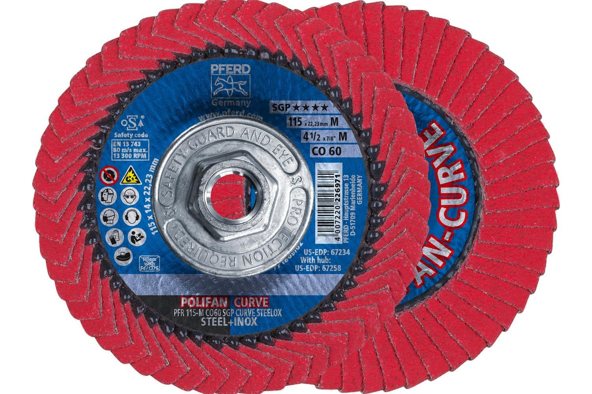 PFERD POLIFAN® - Disco de aleta de tipo radial curva, 4-1/2 x 7/8 pulgadas, circonita de grano 40, accesorio de soldadura y accesorio de amoladora angular - para molienda de acero y acero inoxidable - 5 - 8-11 - co sgp curve steelox - Cerámica 60