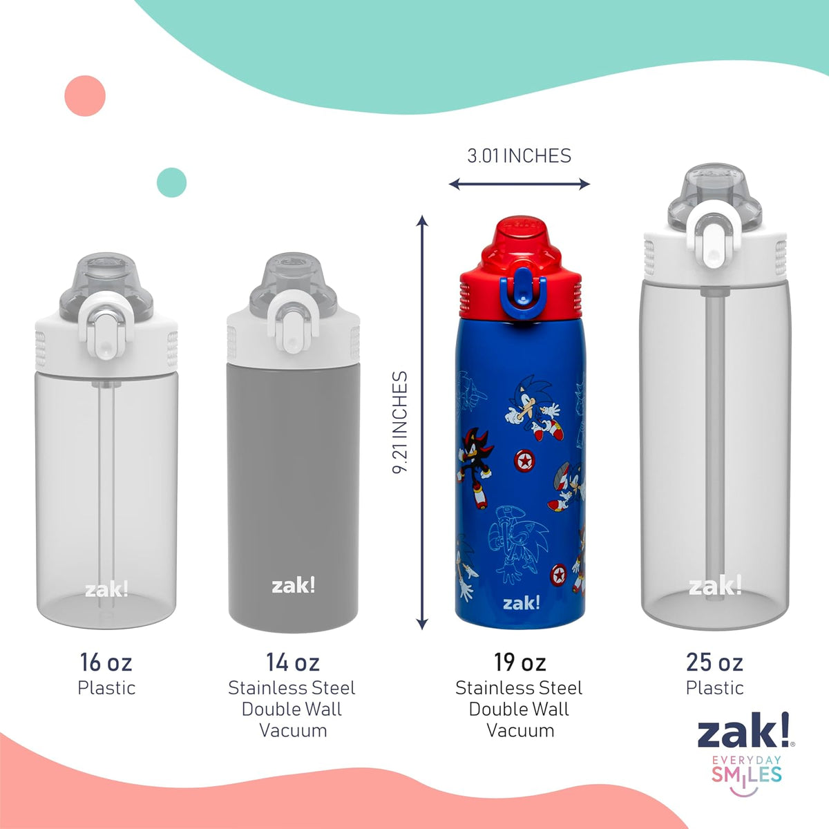 Zak Designs Sonic the Hedgehog Sage - Botella de agua para niños para la escuela o los viajes, botella de agua de acero inoxidable de 19 onzas con popote, mango y a prueba de fugas, cubierta de