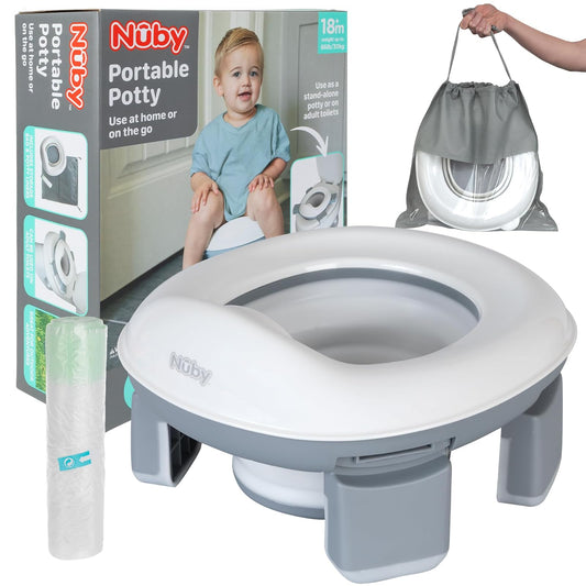 Nuby On-The-Go Asiento Portátil para Orinal - Asiento de Inodoro de Viaje para Niños y Niñas de 18+ Meses - Incluye Bolsa de Almacenamiento y Forros Desechables para Orinal - Esenciales de Viaje para