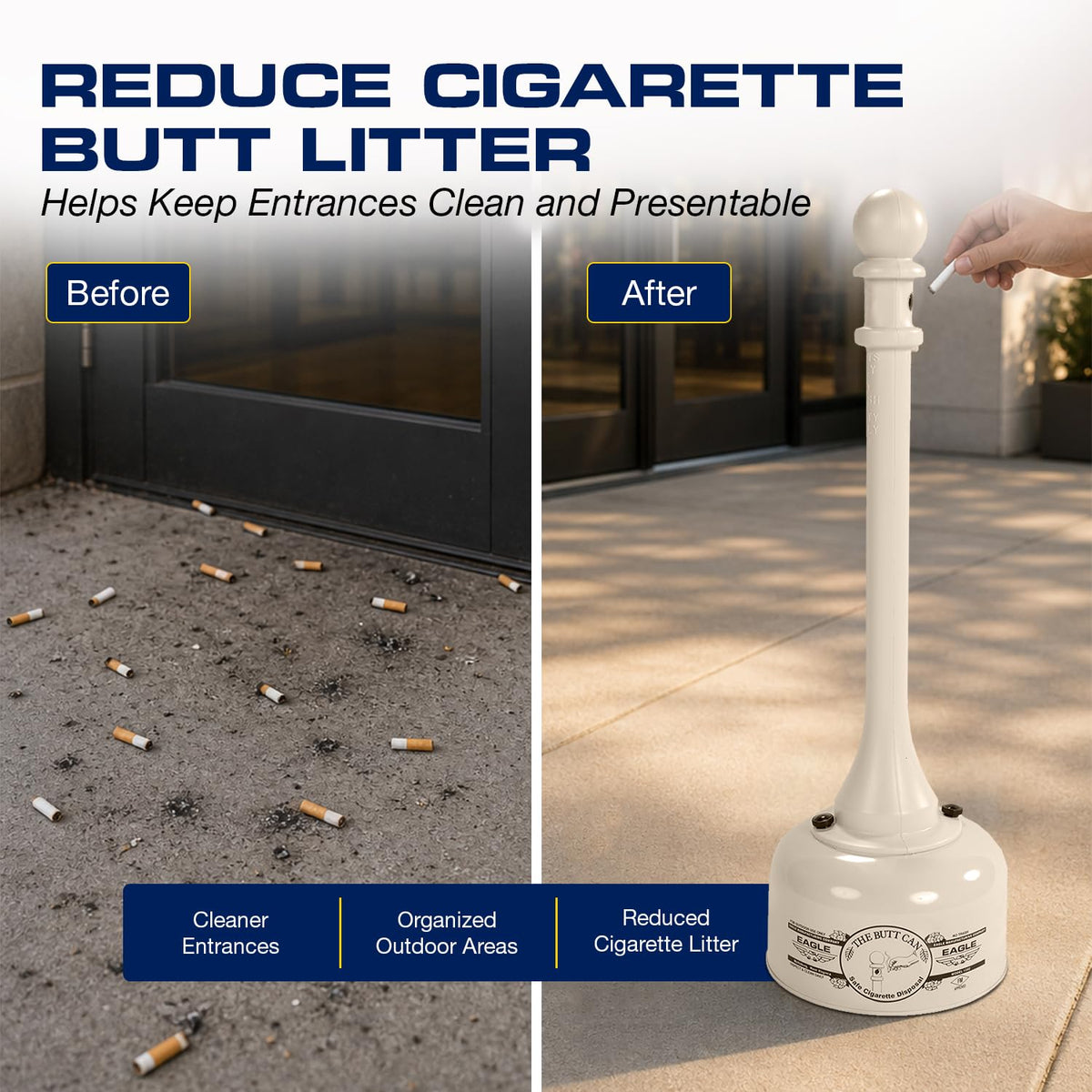 Eagle 1202BEI - Receptáculo de tope de cigarrillos de acero galvanizado, capacidad de 2 galones, 35 pulgadas de altura, 11 pulgadas de diámetro, beige