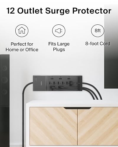Belkin - Supresor de Picos de Corriente con 12 tomacorrientes de CA y Enchufe Plano, Cable de extensión Resistente de 2.4 MTS