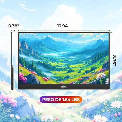 AOC Monitor Portátil 16T20, 15.6” FHD 1920x1080, Pantalla IPS, Bocinas Integradas, 2X USB Tipo C, 1x Mini HDMI, Funda Inteligente Premium, Compatible con Consolas de Videojuegos.