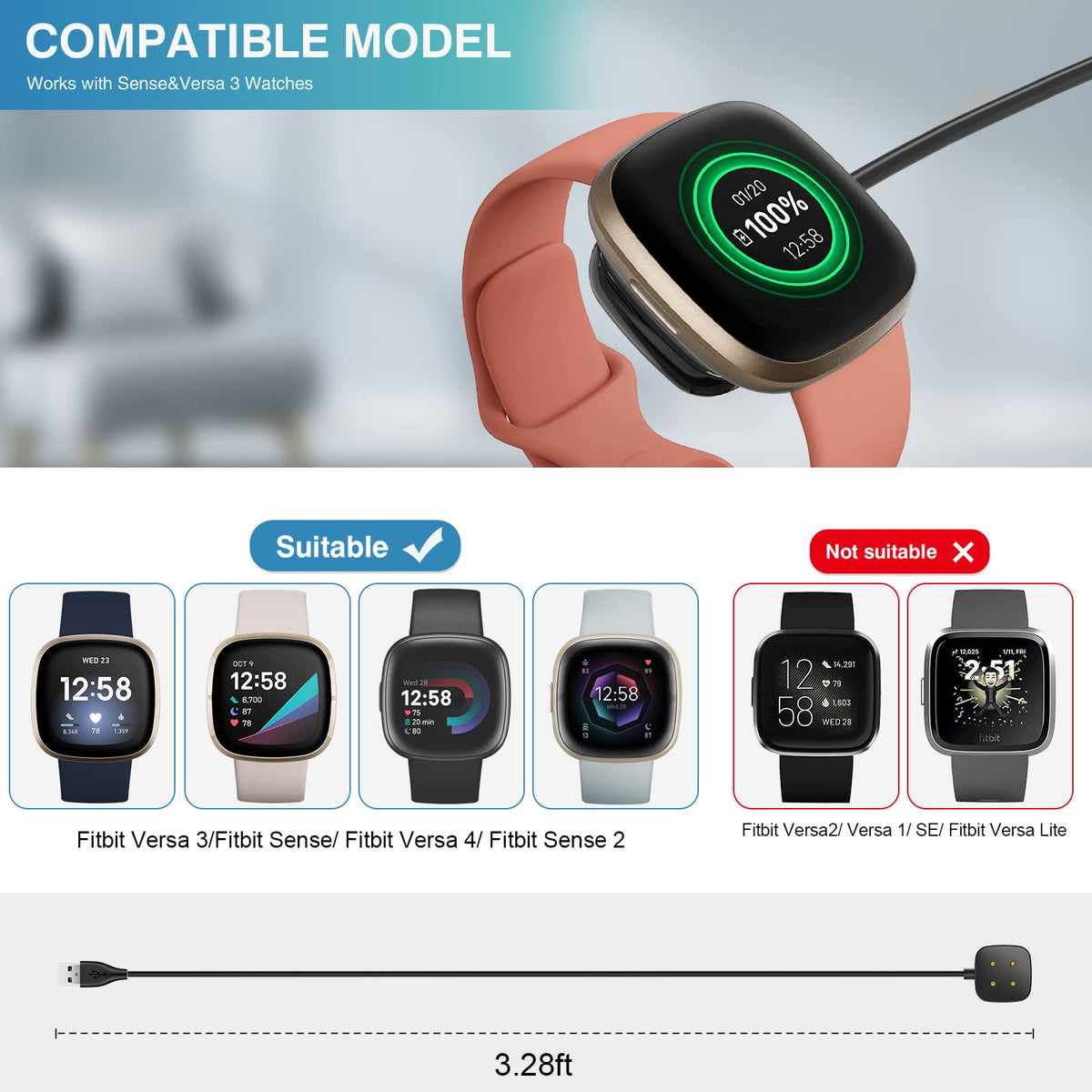 Trami Paquete de 2 compatibles con Fitbit Sense&Versa 3, Cable de Carga USB de Repuesto para Reloj Versa 3/Versa 4/Sense/Sense 2, 3.3 pies + 3.3 pies