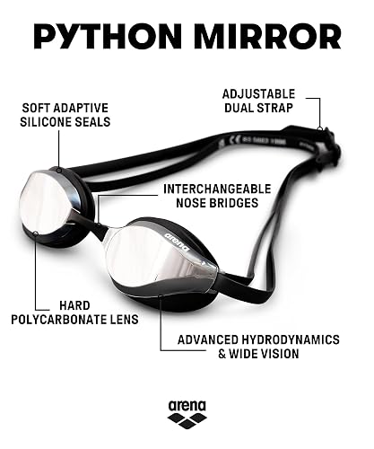 ARENA Unisex Python Racing Swim Goggles for Men and Women Anti-Fog No Leak Max Comfort Dual Strap, Mirror/Non-Mirror Lens