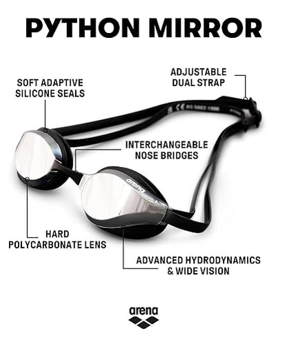 ARENA Unisex Python Racing Swim Goggles for Men and Women Anti-Fog No Leak Max Comfort Dual Strap, Mirror/Non-Mirror Lens