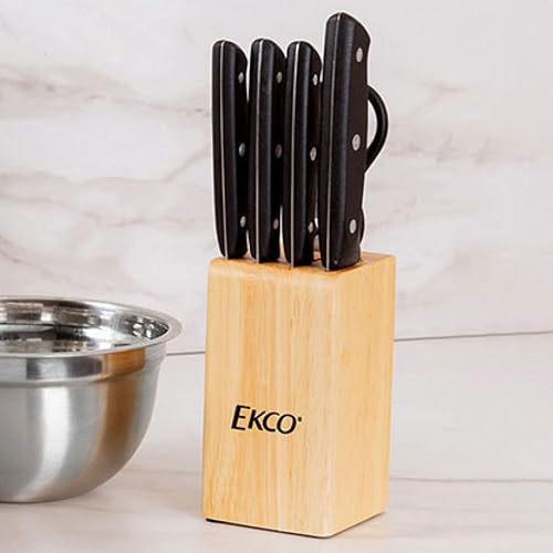 Ekco | Juego de Cuchillos Classic 6 Piezas Acero Inoxidable y Bloque Madera | Hoja completa, Bloque de madera, Tijeras multiusos, Cuchillos para cocina, Destapador integrado, Cascanueces