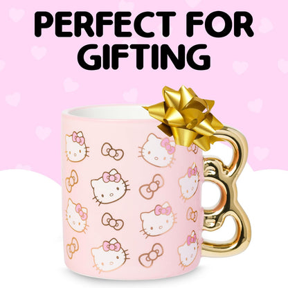 Silver Buffalo Hello Kitty - Taza de cerámica con diseño de caras y lazos dorados y rosados, 20 onzas