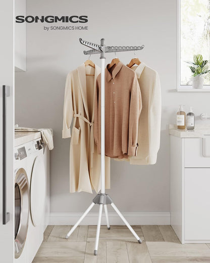 SONGMICS Tendedero de Ropa, Plegable, 3 Brazos Giratorios, Alto 150 cm | Tendedero para Perchas, de Interior, de 4 Patas, Blanco Mate y Gris, Colección BUNJI MLLR510G01