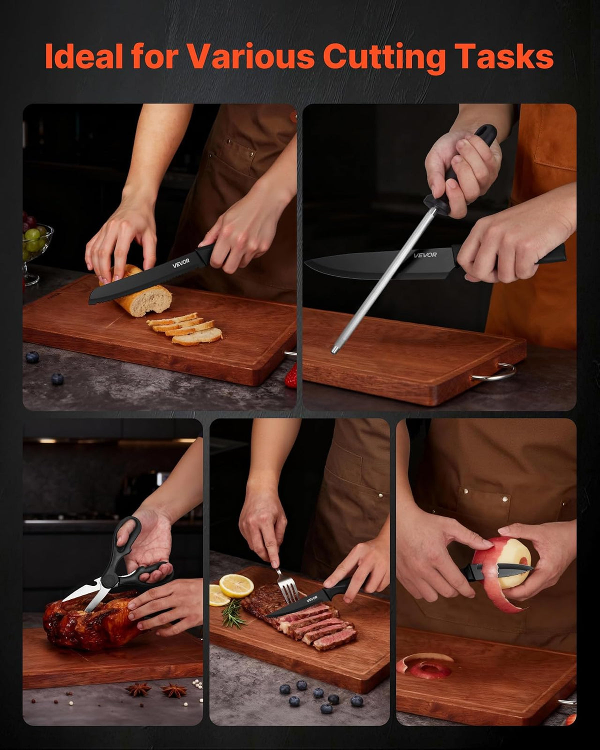 VEVOR Juego de Cuchillos de Cocina con Bloque de Madera y Afilador, con Cuchillos Afilados de Acero Inoxidable de Alto Carbono, con Mango Ergonómico de PP, Hoja 5CR15MOV, 15 Piezas, Color Negro