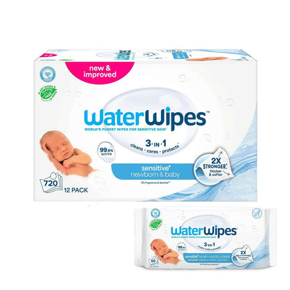 WaterWipes Toallitas Húmedas para Bebé Hipoalergénicas, 9 Paquetes - Sin fragancia - 60 Unidad (Paquete de 12)