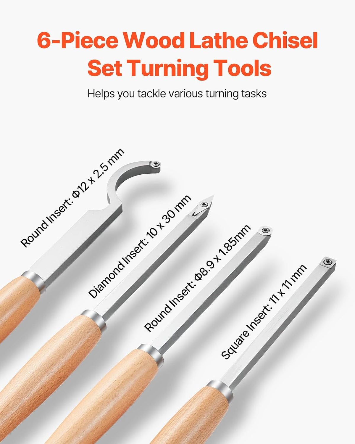 VEVOR 6 PCS Juego de Herramientas de Torneado para Madera Herramienta Hueca para Desbaste, Acabado y Detalle con Mango de Madera, Insertos de Carburo Redondos y Cuadrados de Diamante, Caja de Madera