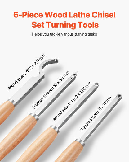 VEVOR 6 PCS Juego de Herramientas de Torneado para Madera Herramienta Hueca para Desbaste, Acabado y Detalle con Mango de Madera, Insertos de Carburo Redondos y Cuadrados de Diamante, Caja de Madera