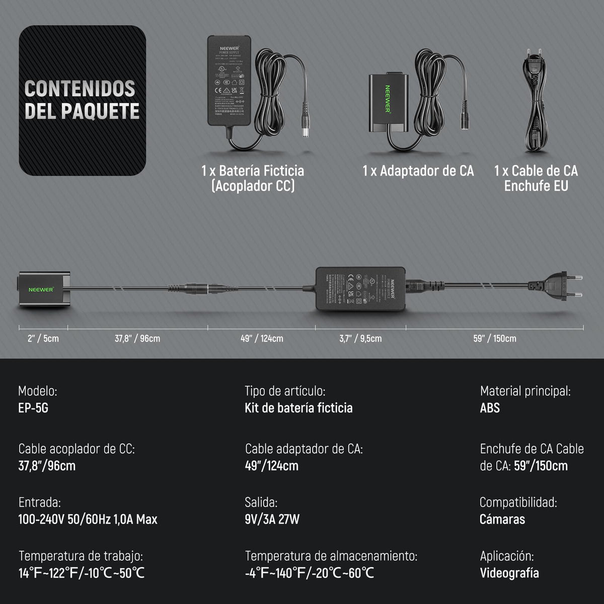 NEEWER Kit Acoplador Batería Ficticia Repuesto EN-EL25, Kit Cargador Cámara con Acoplador CC y Adaptador AC y Enchufe US, Adaptador de Alimentación CA Compatible con Cámaras Nikon Z50 Z FC Z30, EP-5G