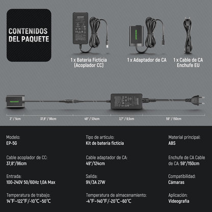 NEEWER Kit Acoplador Batería Ficticia Repuesto EN-EL25, Kit Cargador Cámara con Acoplador CC y Adaptador AC y Enchufe US, Adaptador de Alimentación CA Compatible con Cámaras Nikon Z50 Z FC Z30, EP-5G