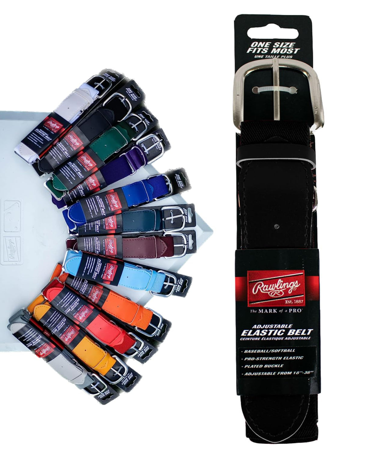 Rawlings - Cinturón ajustable | béisbol/softball de lanzamiento rápido, talla única (18-36 pulgadas), varios colores - OSFM | Adjustable Elastic | Fits 18" - 36" - Negro -