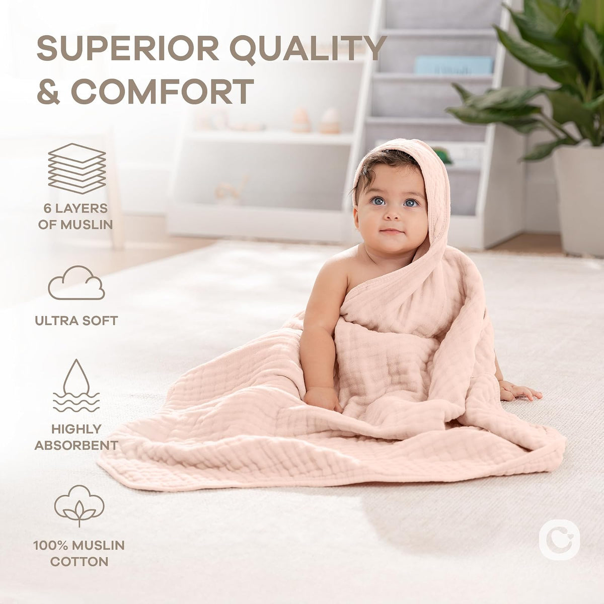 Comfy Cubs Toallas con Capucha para Bebé 2 Pzas, Grandes 81 x 81 cm – 6 Capas de Algodón Muselina 100% – Suaves y Absorbentes para Bebés, Niños y Niñas – Unisex Malva y Rubor