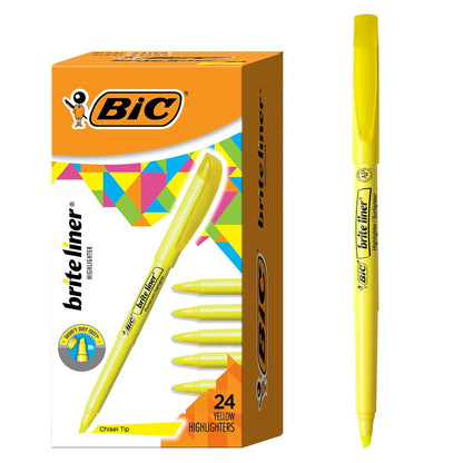 BIC Brite Liner subrayador, punta cincel, colores surtidos, 24-count, Amarillo, 24-Count