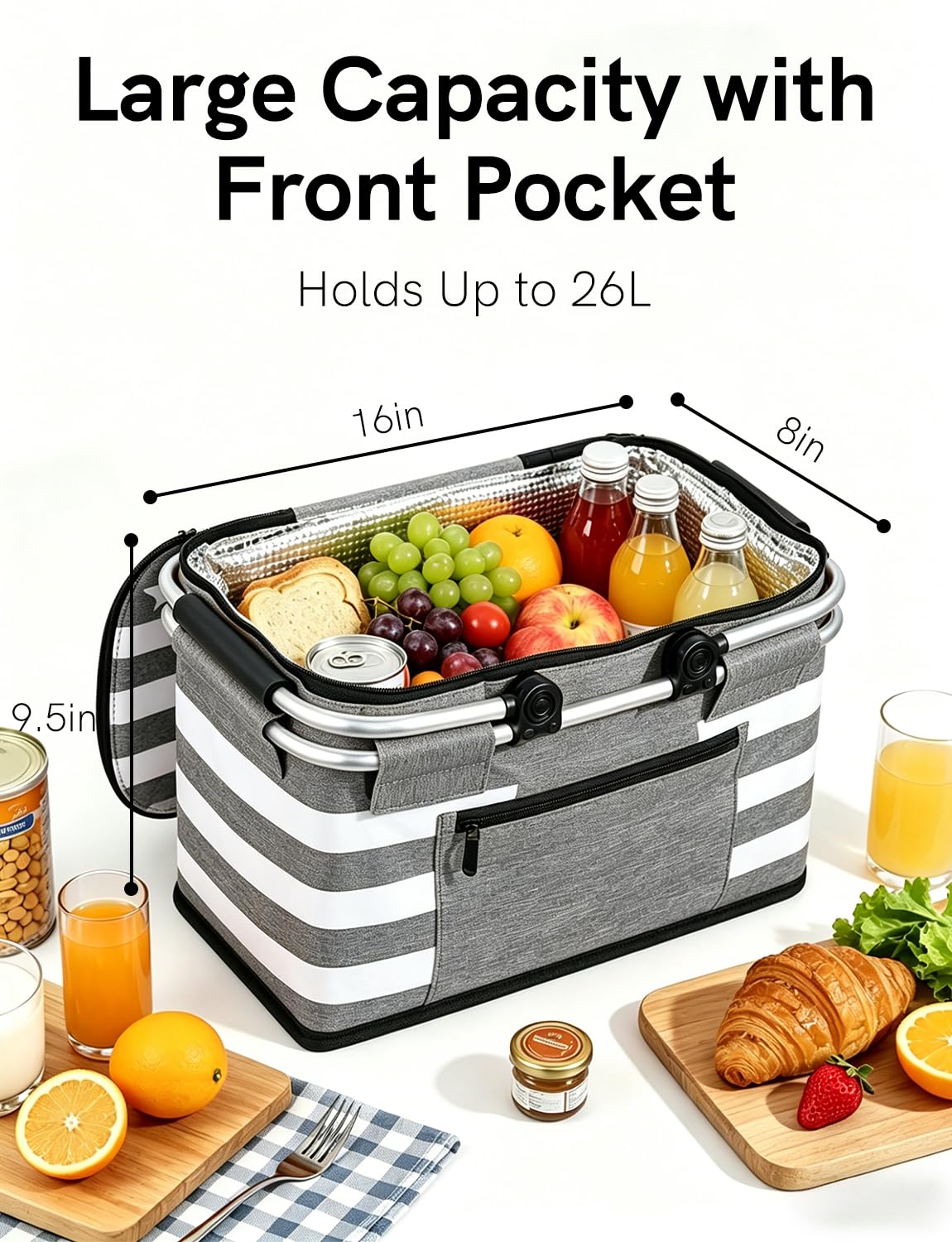 KEFOMOL Cesta de Picnic aislada a Prueba de Fugas, Bolsa enfriadora Plegable de 26 litros con Tapa, 2 Asas Resistentes, Cesta de Almacenamiento para Picnic, Entrega de Alimentos, para Llevar, Compras