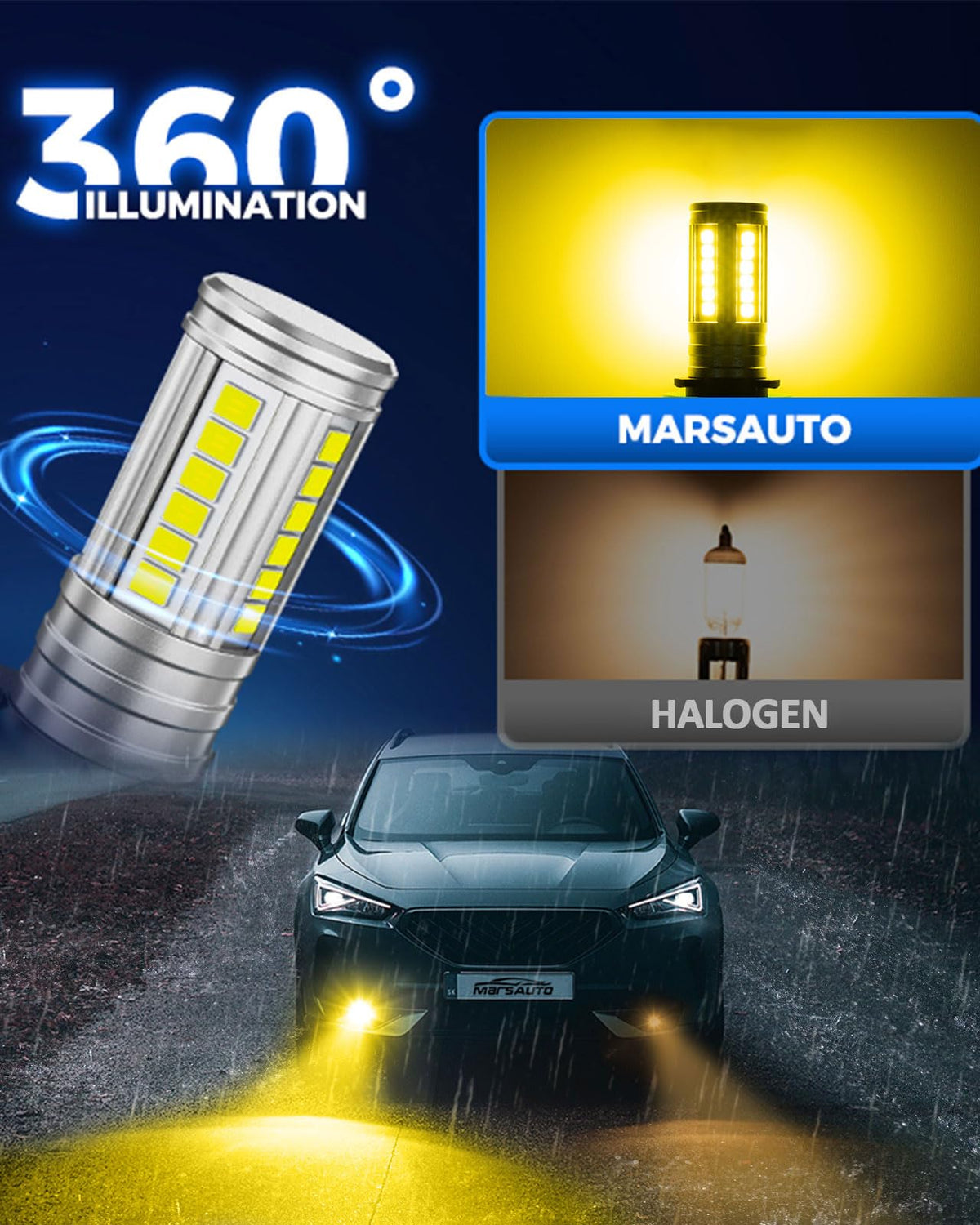 Marsauto 9145/H10/9140 Bombillas LED Antiniebla Amarillas 12000 lm 360° 600% Más Brillante 3000K Ámbar con 60 Chips