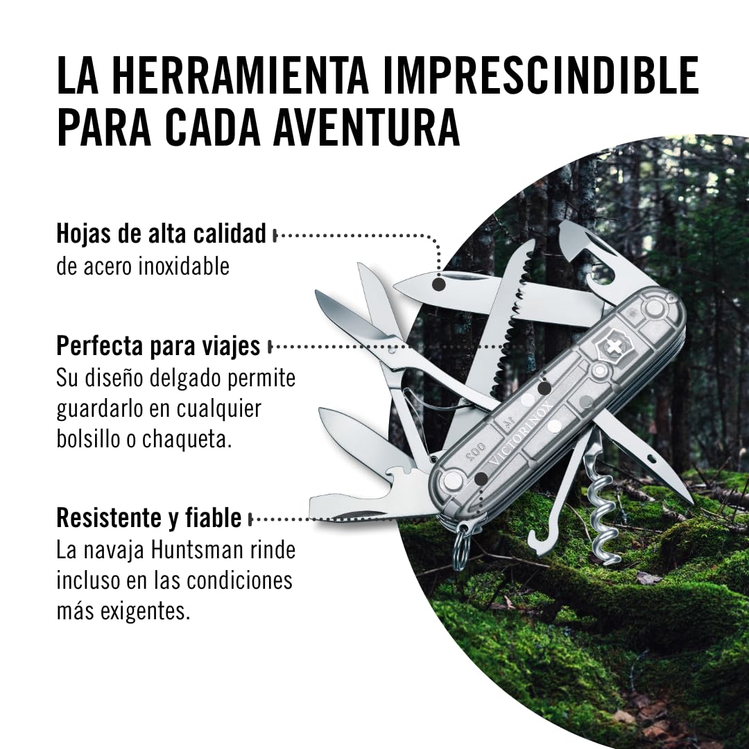 Victorinox Navaja Huntsman Silver Tech, Plata Transparente, 15 Usos | Navaja resistente con tijeras y sierra para madera para camping y exterior. Incluye cuchilla y sacacorchos. Fabricado en Suiz