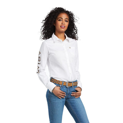 Ariat WMS Team Kirby Str LS Shrt Wht/Lprd LG para Mujer