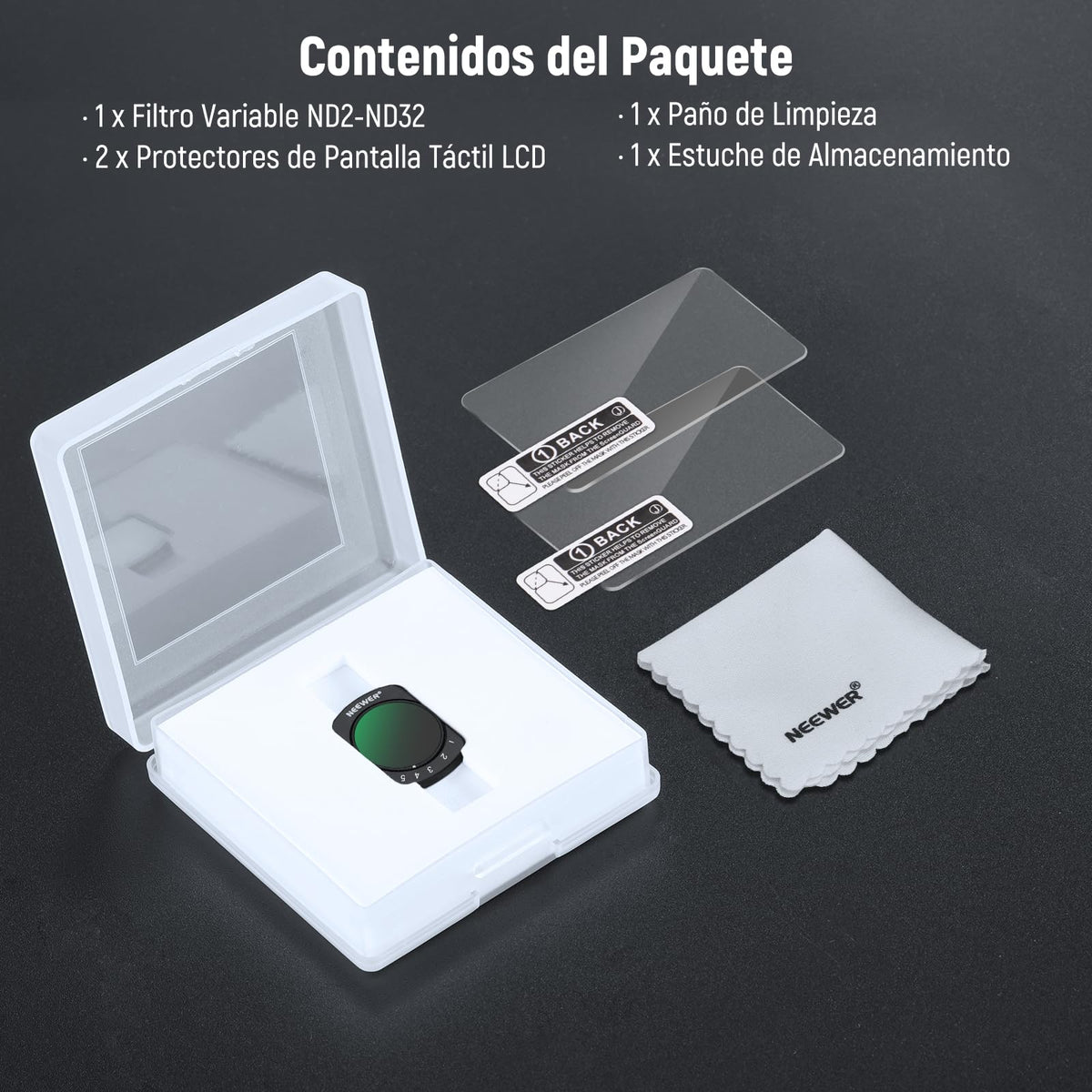 NEEWER Filtro Variable ND2-32 Compatible con dji Osmo Pocket 3,Filtro ND Ajustable Magnético 1-5 Paradas Limitadas,Accesorios Cámara Acción,Vidrio Óptico HD,Incluye 2 Protectores Pantalla LCD,FL-50