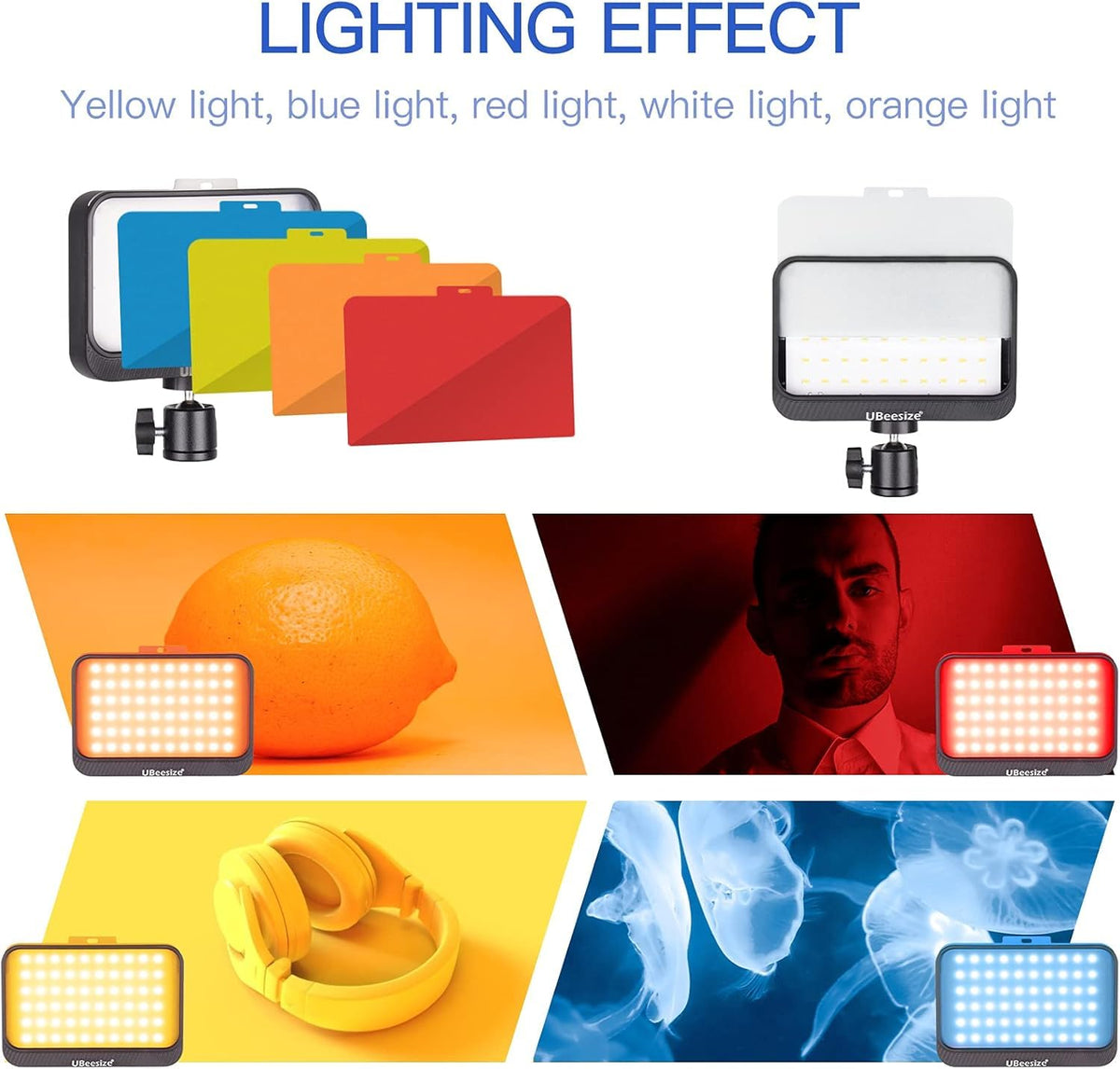 UBeesize Kit de luz de Video LED, 2 Piezas de iluminación de fotografía portátil Continua Regulable con Soporte de trípode Ajustable y 5 filtros de Color para Tomas de Mesa/ángulo bajo