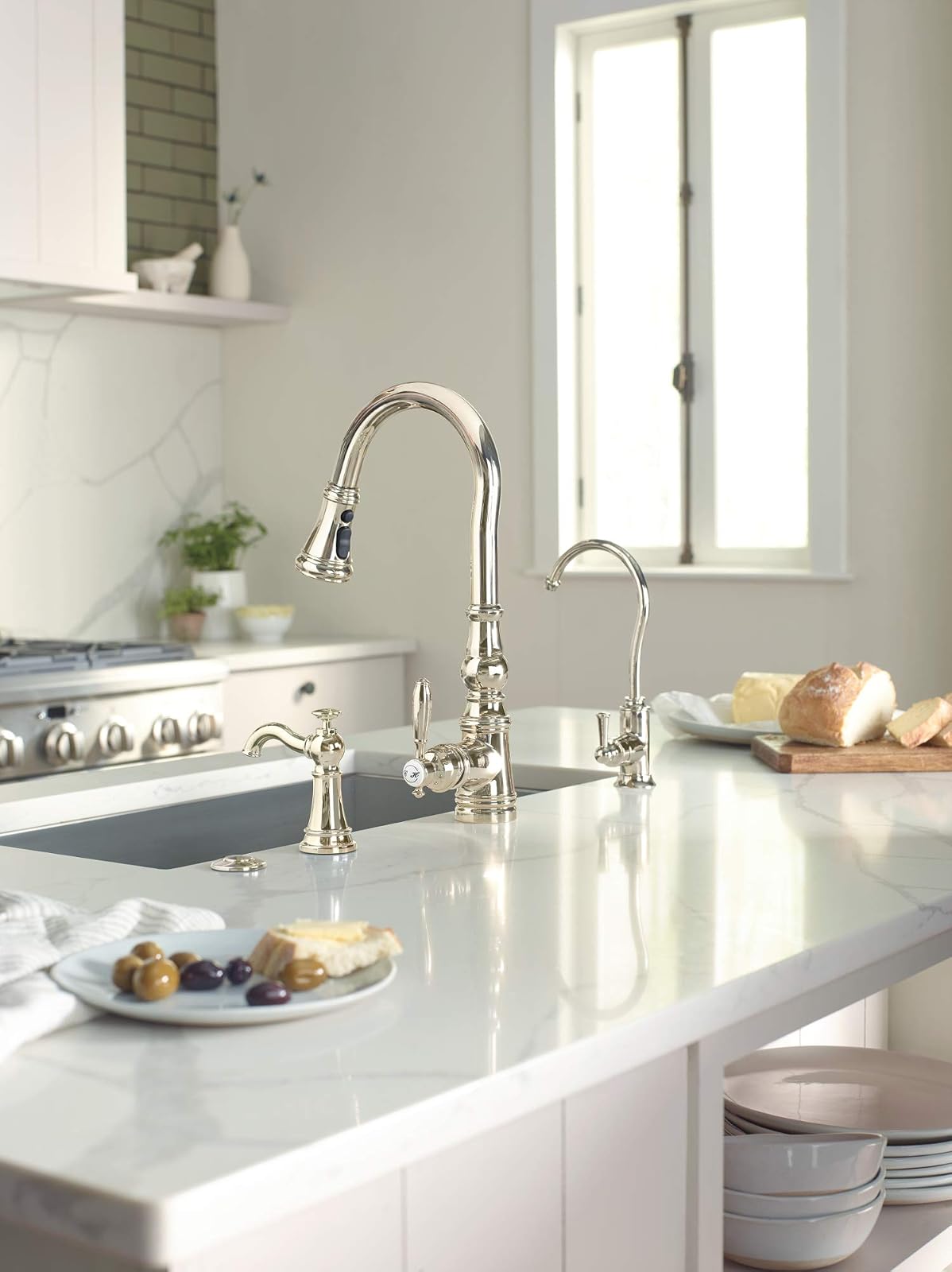Moen S3945NL Traditional Deck Mounted Kitchen Soap Dispenser with Above the Sink Refillable Bottle, Polished Nickel