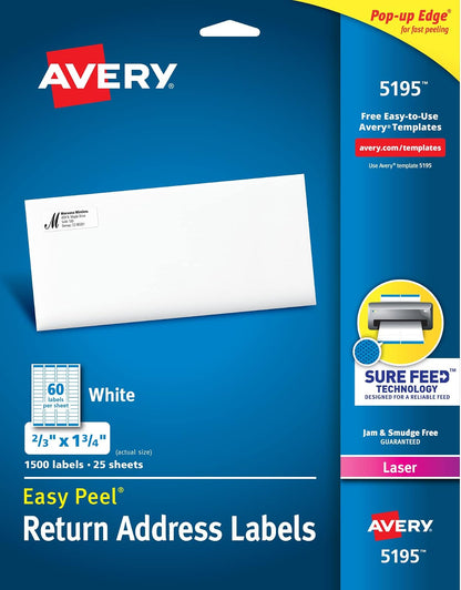 Avery Return Address Labels with Sure Feed for Laser Printers, 2/3" x 1-3/4", 1,500 Labels, Permanent Adhesive (5195), White