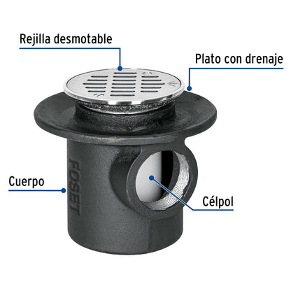 Foset CO-23, Coladera de hierro con salida lateral 2" y rejilla de acero inoxidable 4"