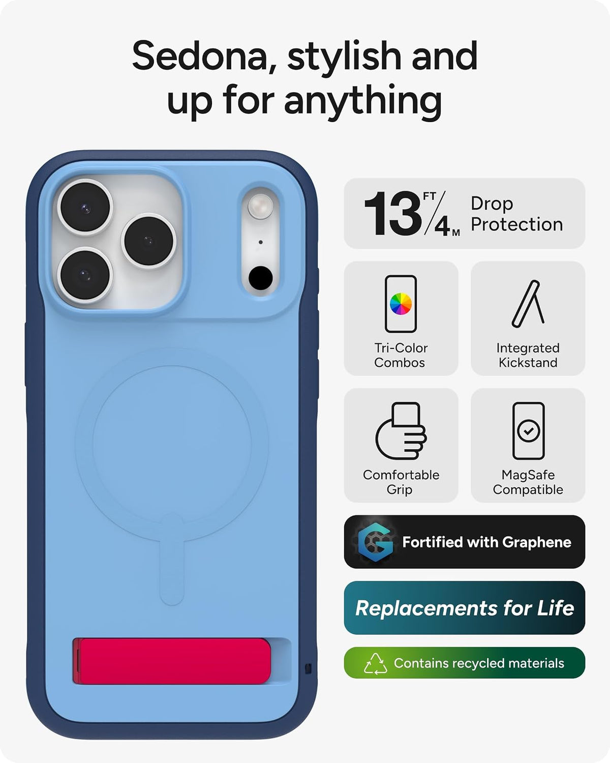 ZAGG Sedona - Funda a presión con Soporte para iPhone 17 Pro MAX - Blue Royal Ember, protección contra caídas (13ft / 4 m), protección de Revestimiento múltiple, con botón de cámara, Funda MagSafe