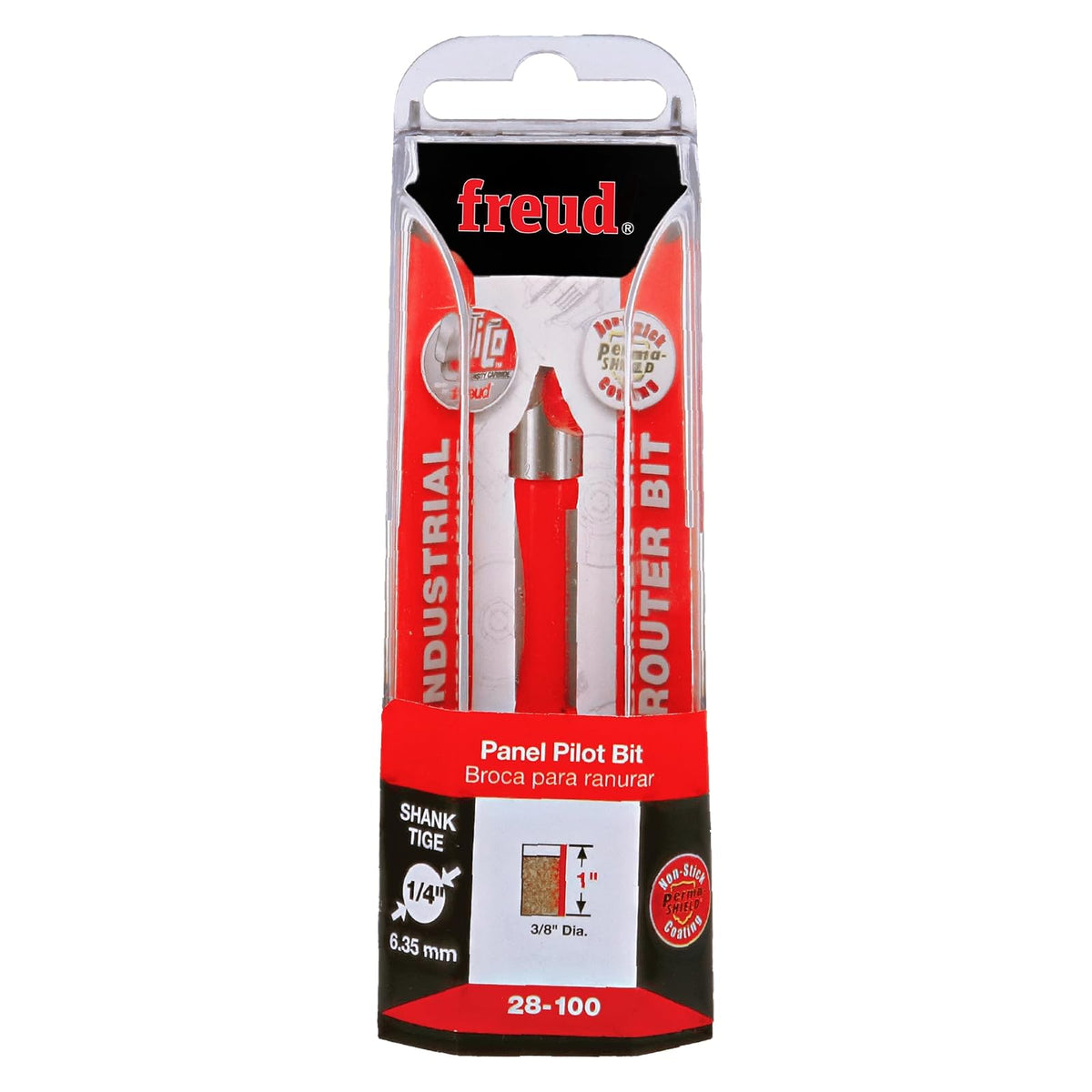 Freud 28-100: Broca piloto de panel de 3/8 pulgadas (diámetro), paquete de 1, revestimiento de escudo permanente rojo