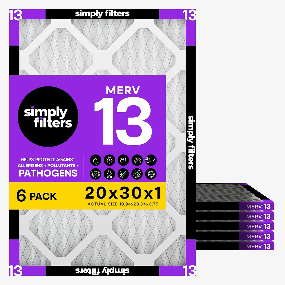 Simply Filters 20 x 30 x 1 MERV 13, filtro de aire MPR 1500 (paquete de 6) tamaño real: 19.7 x 29.7 x 0.75 pulgadas, HVAC, AC, horno, reemplazo, filtro de aire de retorno para hogar y oficina