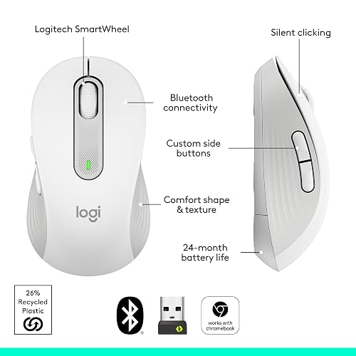 Logitech Signature M650 Mouse inalámbrico - para Manos pequeñas y Medianas, 2 años de batería, Clicks silenciosos, Botones Personalizables, Bluetooth, PC/Mac/multidispositivo/Chromebook - Blanco