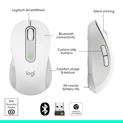 Logitech Signature M650 Mouse inalámbrico - para Manos pequeñas y Medianas, 2 años de batería, Clicks silenciosos, Botones Personalizables, Bluetooth, PC/Mac/multidispositivo/Chromebook - Blanco
