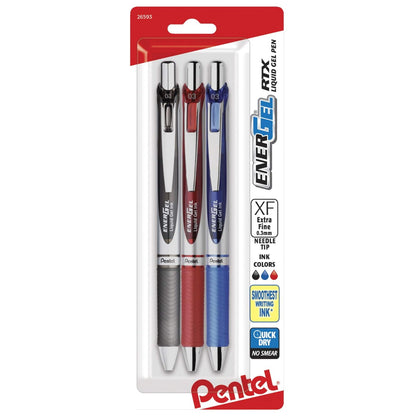 Pentel EnerGel RTX Bolígrafos Retráctiles de Tinta Líquida de Gel - Aguja de 0.3mm - 3 Unidad (Paquete de 1) - Clasificado