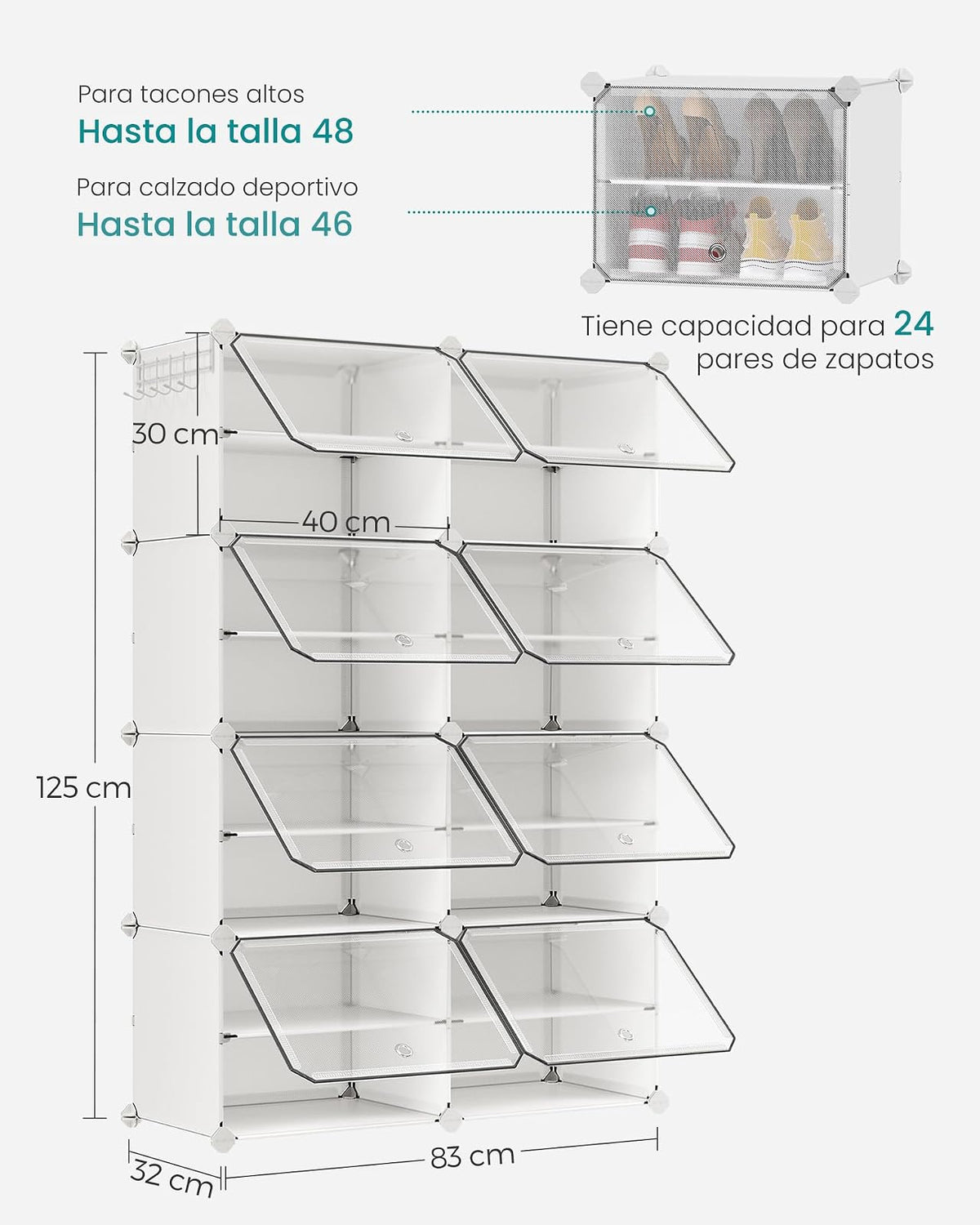 SONGMICS Zapatero Organizador de 8 Cubos con Puertas para 32 Pares, Marco de Acero y Panel de Plástico Blanco ULPC034W01