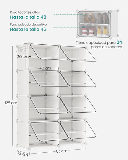 SONGMICS Zapatero Organizador de 8 Cubos con Puertas para 32 Pares, Marco de Acero y Panel de Plástico Blanco ULPC034W01