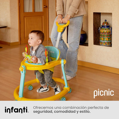 Infanti - Andadera para Bebe 3 en 1 PICNIC - Con Paseador y Juguetero Musical - Barra de Empuje - Color Rosa